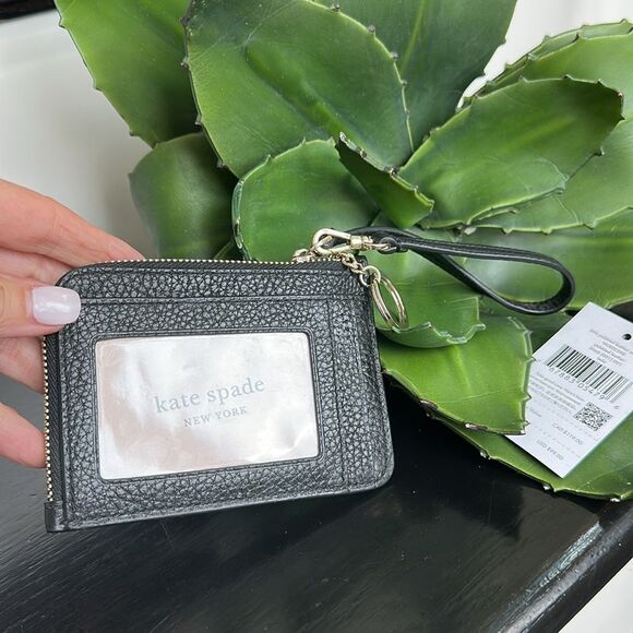 Kate Spade Pebbled Leather Card Case Coin Pouch Wristlet Key Ring Black NWT - Picture 3 of 5